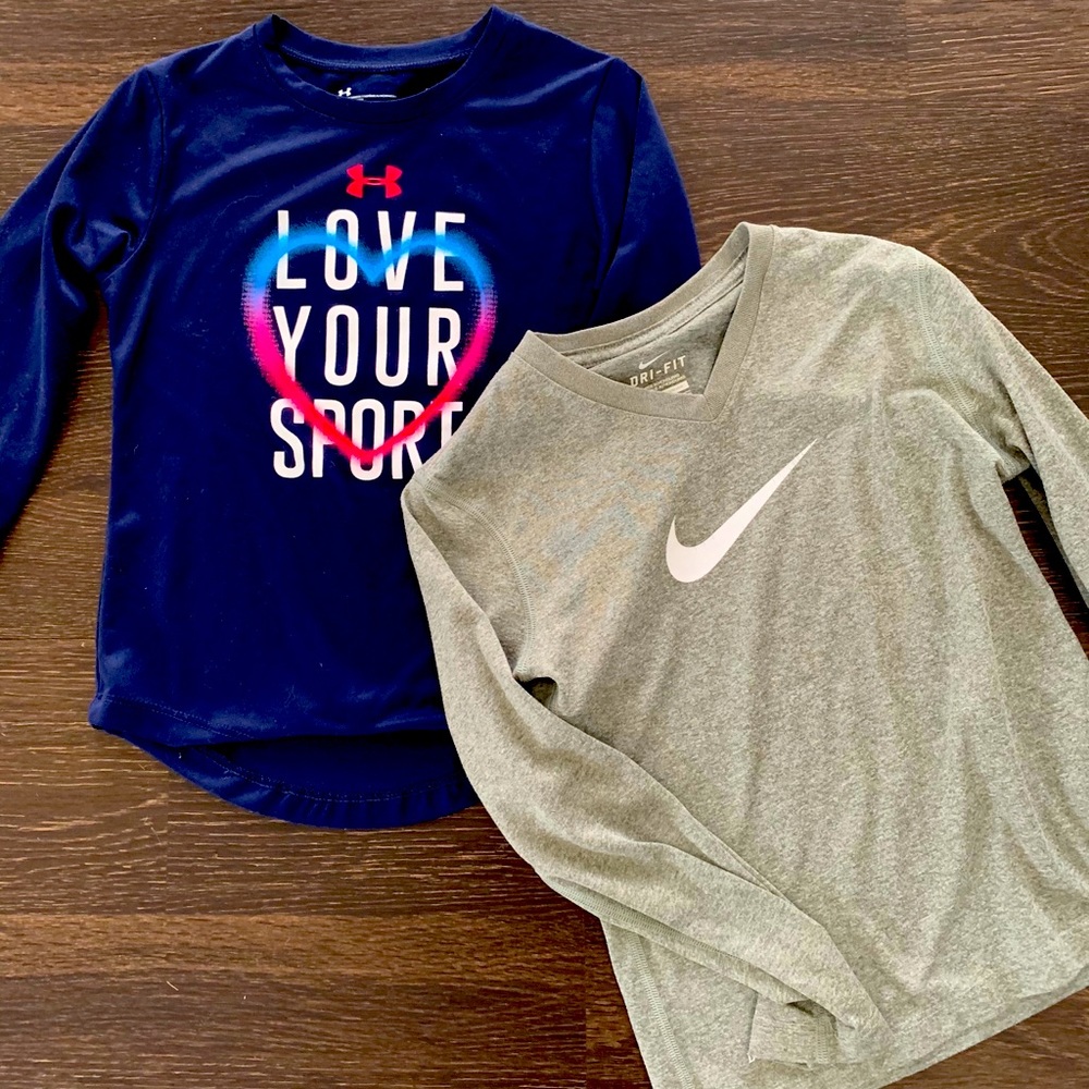 2 girls athletic shirts - 1 Under Armour 1 Nike